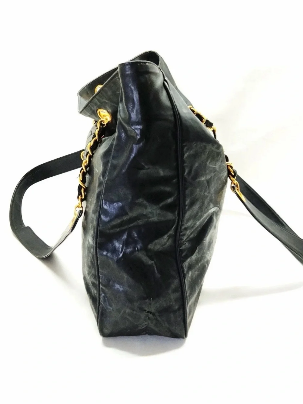 CHANEL Black Leather Tote with Gold Chain-Detail Straps